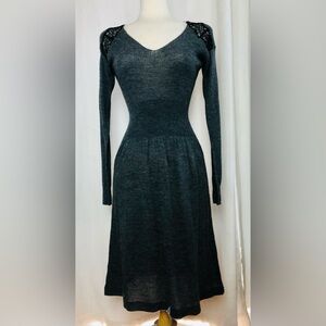 Rebecca Taylor Gray Alpaca Wool Blend Lace Shoulder Flare Dress XS Long Sleeve